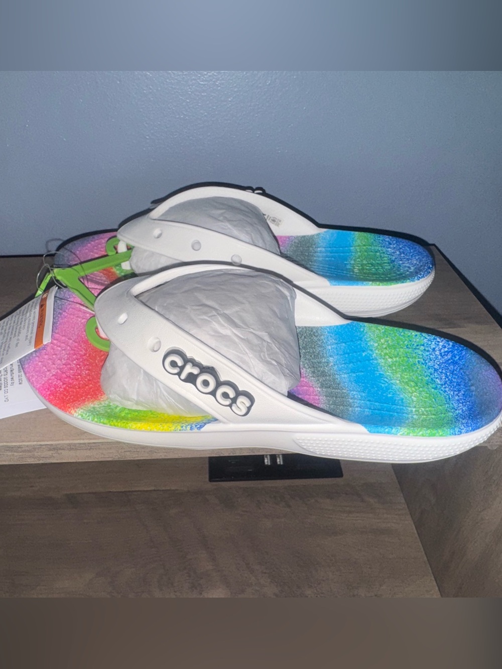 Crocs youth 4 women's 6 White Rainbow Tie-Dye Flip Sandals